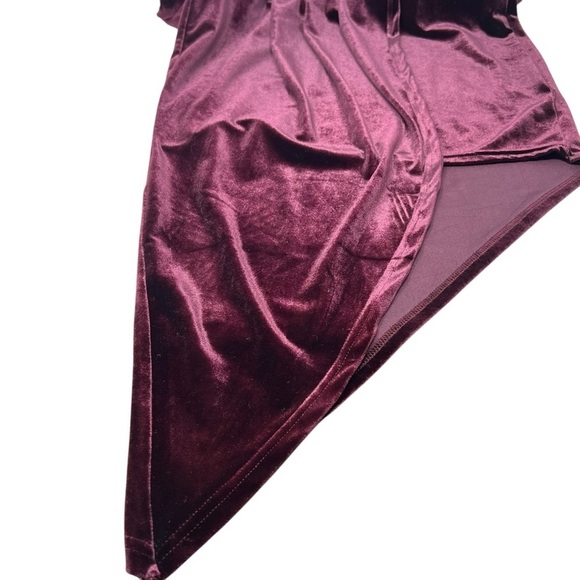 Shinestar Gold Velvet Long Sleeve V Neck Faux Wrap Dress Plum Hi Low Hem Size M - Picture 9 of 14